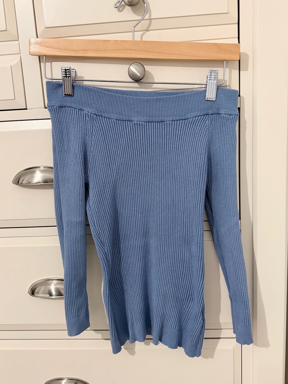 Blue Ribbed Knit Women's off the shoulder semi long sleeves